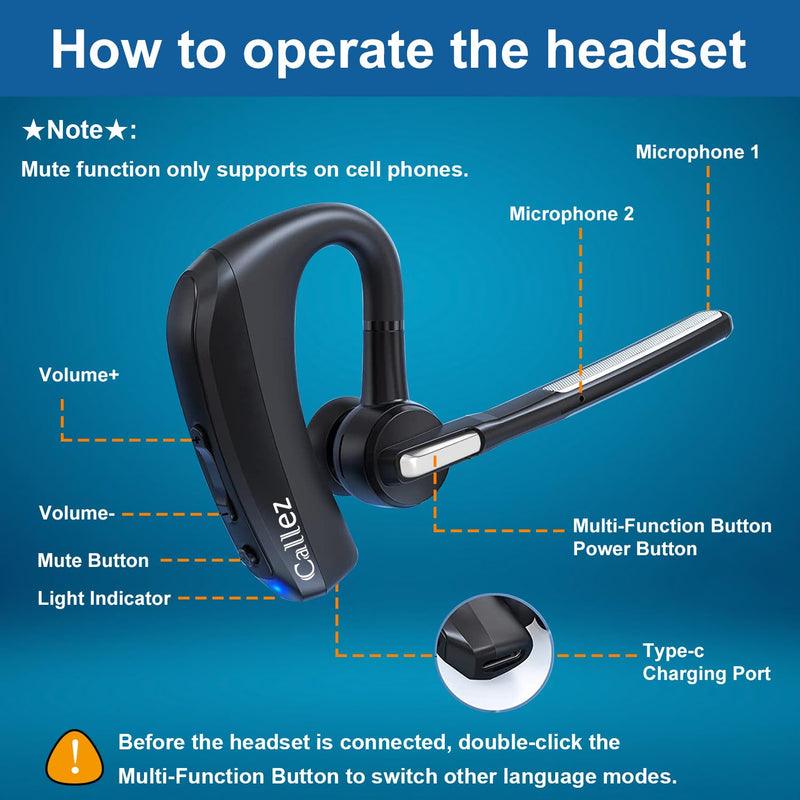 [Australia - AusPower] - Bluetooth Headset for iPhone Android Cell Phone, Bluetooth Earpiece V5.0 with CVC8.0 Dual Mic Noise Cancelling & Mute/Volume Buttons, Hands-Free Wireless Headset for Trucker Business Office Black 