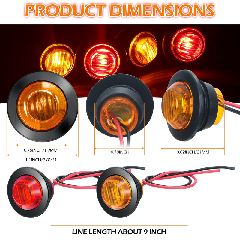 [Australia - AusPower] - Tallew 50 Pieces 3/4'' Round LED Side Marker Lights, 3 LEDs Front Rear Side Indicator Lights Yellow and Red Turn Signal Lights IP68 Waterproof Lamp for Truck Trailer Lorry Bus Caravan Boat, 12V 