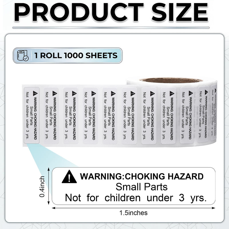 1000 Pcs Choking Warning Hazard Labels - 1.5 x 0.4 Inch Small Parts Not for Children Under 3 Years Stickers Adhesive Labels for Packing Shipping (White) White