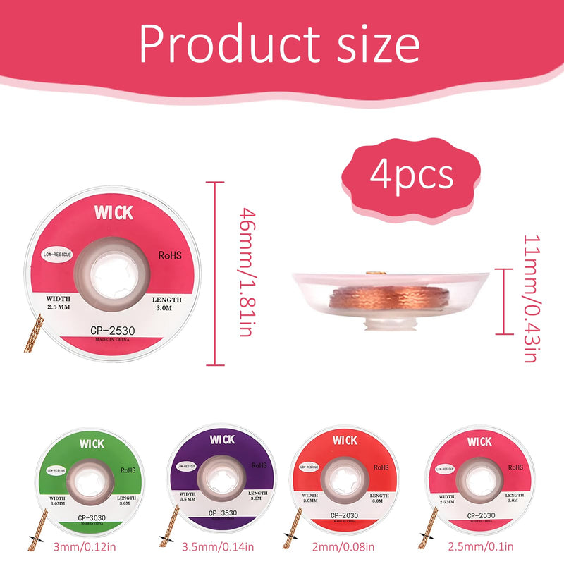 Soldering Wire, 4-Piece Desoldering Braid Set, Copper Desoldering Wire No-Clean | Desoldering braid 2 mm 2.5 mm 3 mm 3.5 mm, for disassembling electrical components and removing solder from solder joints
