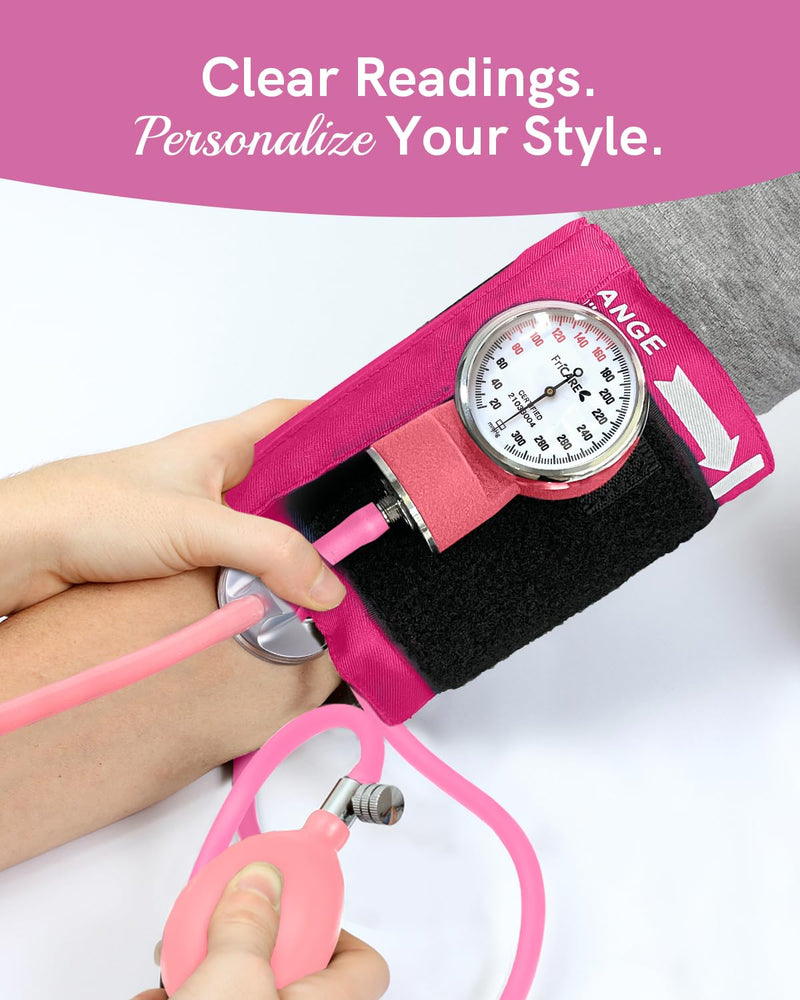 [Australia - AusPower] - FriCARE Pink Manual Blood Pressure Cuff for Nursing Students - Professional Sphygmomanometer for Doctor's Office - Durable Nylon Cuff for BP Monitoring, Carrying Case Included, Universal Adult Size Hot Pink 
