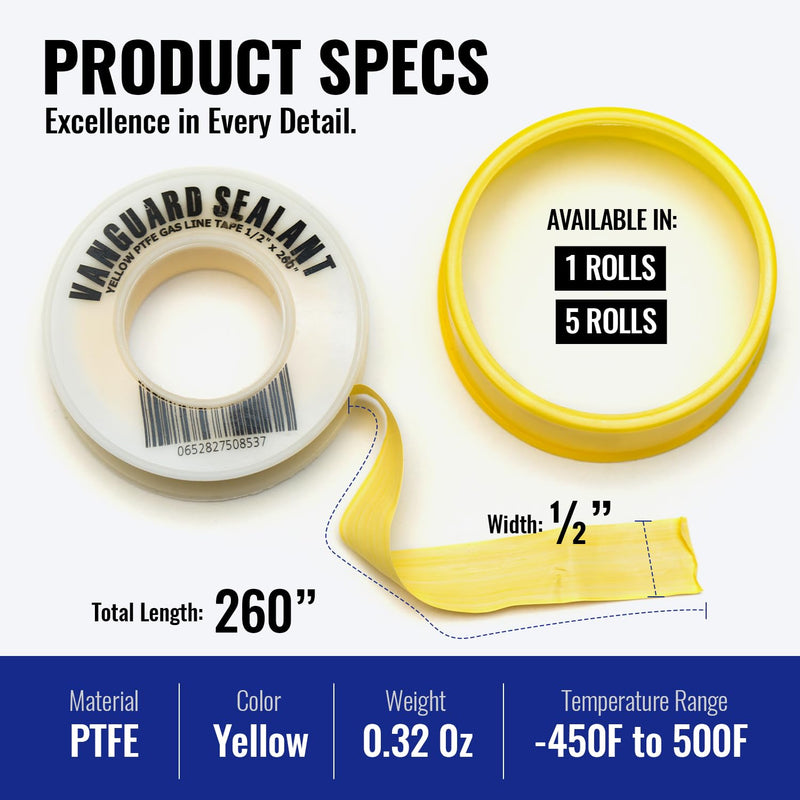 [Australia - AusPower] - PTFE Yellow Gas Line Thread Sealant Tape 260" Length 1/2" Width 1 Pack for Propane,Natural Gas and More 