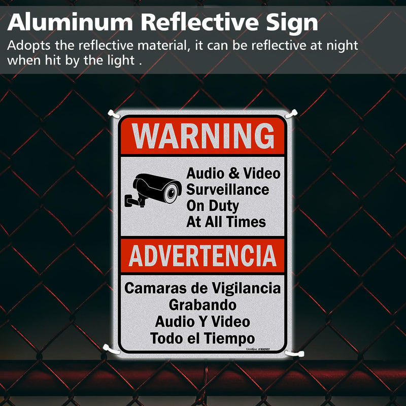 GicnKeuz Audio & Video Surveillance on Duty at All Times signs,10 x 7 Inches Safety Warning Sign .040 Reflective Aluminum,Waterproof and Fade Resistant,4 Pre-drilled holes,Easy to Install, Indoors and Outdoors Use(4-pack) 10 x 7 Inches - 4 packs