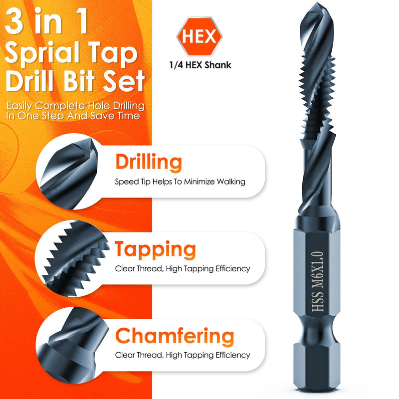 [Australia - AusPower] - THINKWORK Combination Drill Tap & Tap Bit Set, 6 Pack 3-in-1 Anti-Rust Black Titanium Coated Screw Tapping Bit Tool in Metric Size M3 M4 M5 M6 M8 M10, 1/4 Hex Shank and Storage Case Tap Bit Set Metric Size 