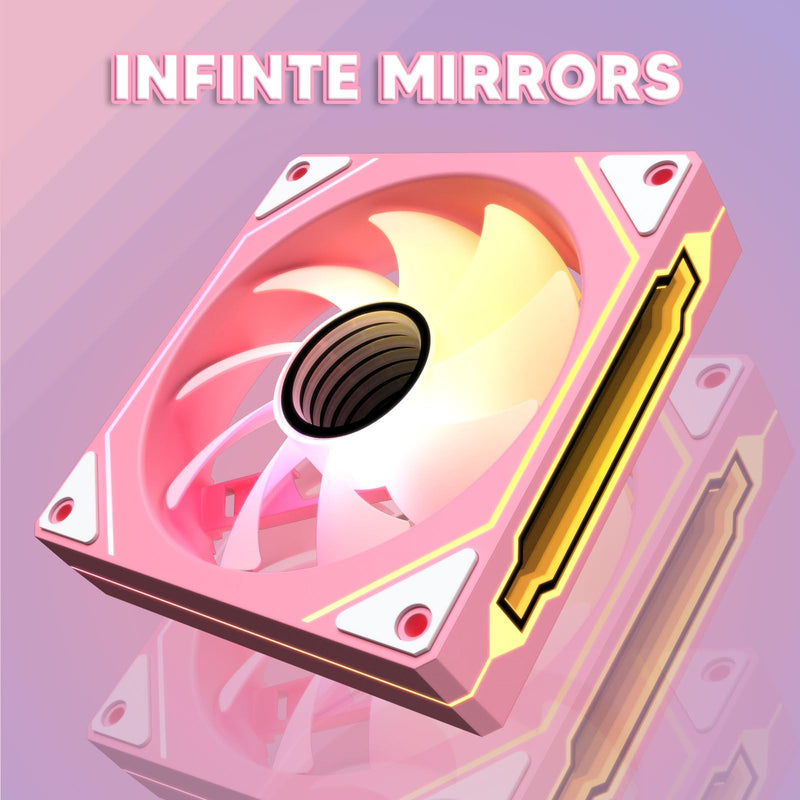 Vetroo Pink LF120 3-Pack Infinite Mirror PC Fan 120 mm ARGB Case Fan with ARGB & PWM Smart Control, FDB Bearing, Controller Included, Nine Blades Design & 8 Rubber Pads for Low-Noise Operation Forward Blade
