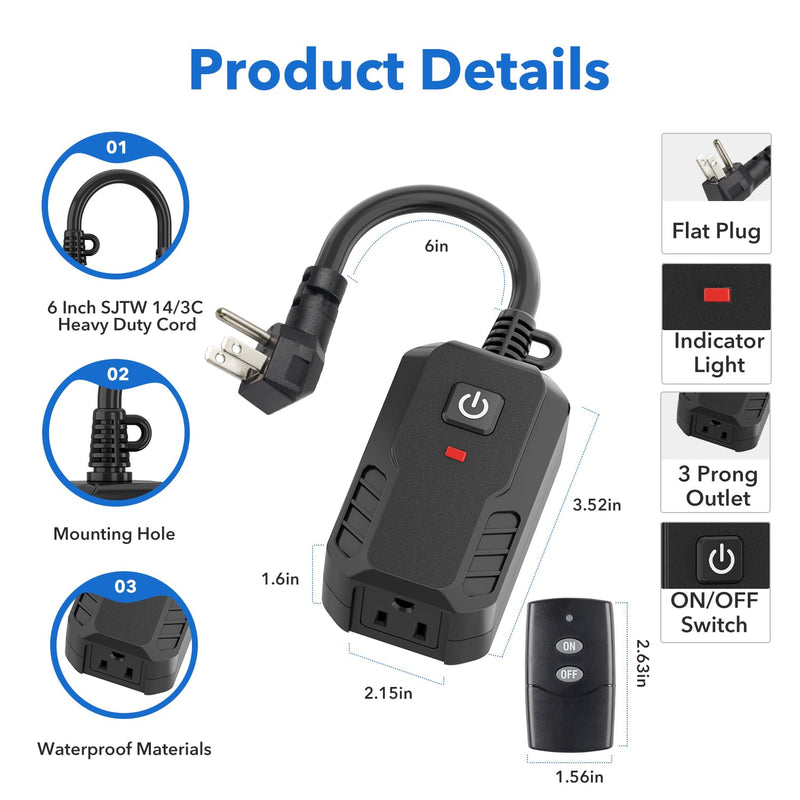 BN-LINK Outdoor Remote Control Outlet Plug Black,Indoor Wireless Outlet Switch Weatherproof Heavy Duty 15A 3-Prong 6-inch Cord 100Ft Range,3Pack(Battery Included) 1 Outlet, 1 Remote,3 Pack