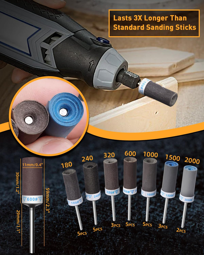 Sanding Sleeves Set for Dremel Rotary Tool Sanding Attachments, 180/240/320/600/1000/1500/2000 Grit Sanding Rollers, Accessory Set with 3 mm Shaft for Metal Stone and Wood Grinding 28 pieces mix