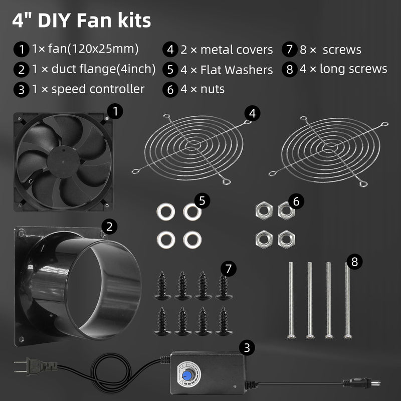 120mm 12V Axial Exhaust Duct Fan with 4" Flange Adapter Variable Speed Controller Moisture-Proof for 3D Printer Enclosure Laser Engraver Soldering Fume Extractor Grow Tents & Workshop Ventilation 4inch, 1 Flange