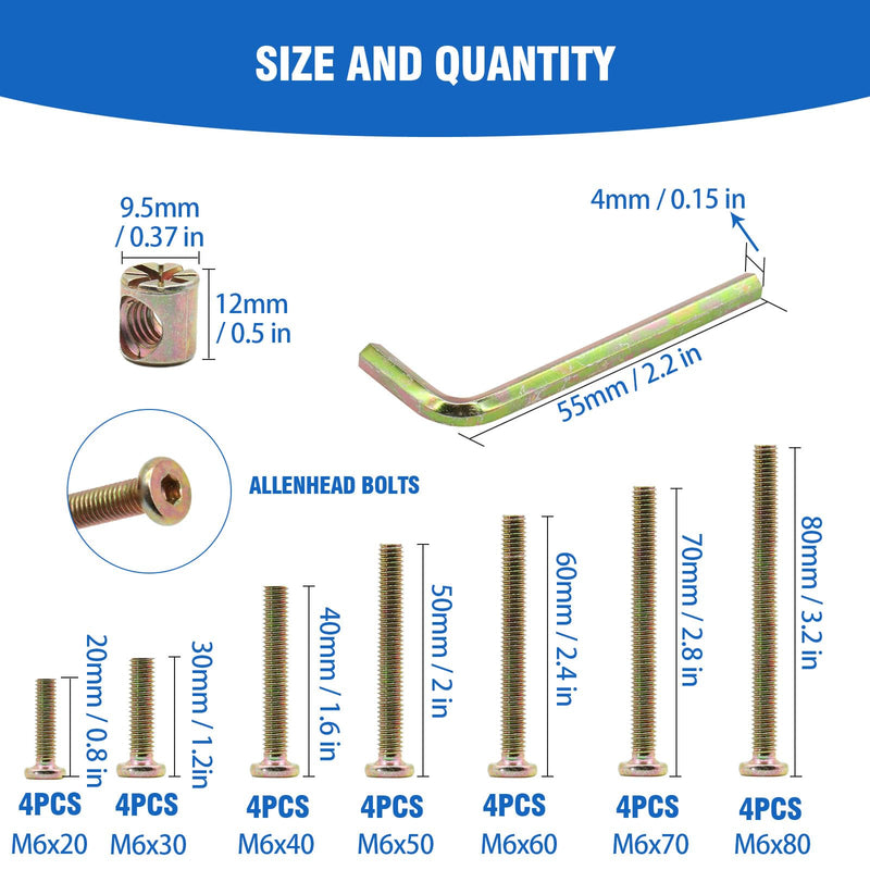 [Australia - AusPower] - Baby Bed Crib Screws Hardware Replacement Kit,Hincell 28 Set Baby Bed Frame Bolts &Barrel Nuts Set, M6x20mm/30mm/40mm/50mm/60mm/70mm/80mmHex Drive Socket Cap Screws Barrel Nuts Assortment Kit M6x20mm/30mm/40mm/50mm/60mm/70mm/80mm?Chroma? 