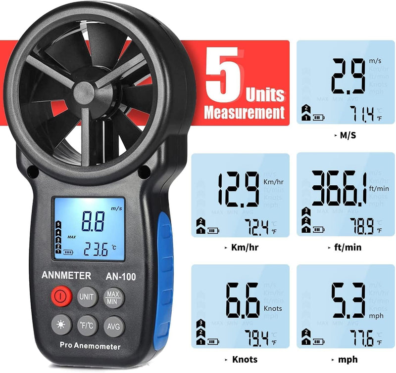 Digital Wind Gauge Anemometer, AIOMEST Wind Meter Measures Wind Speed 90 km/h & Air Temperature ℃/℉, Portable Wind Meter AI-100 for Sailing, Windmill, Windsurfing, Ventilation System