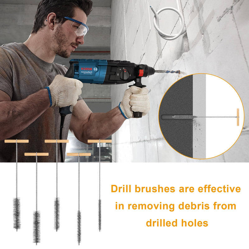 [Australia - AusPower] - 5 Piece Drill Hole Brush Set, 8 mm/12 mm/16 mm/20 mm/25 mm, T-Handle Tube Brush, Round Hole Brush, Cleaning Brush, Pipe Cleaner Brush for Impact Drills, Efficient Drill Hole Cleaning 
