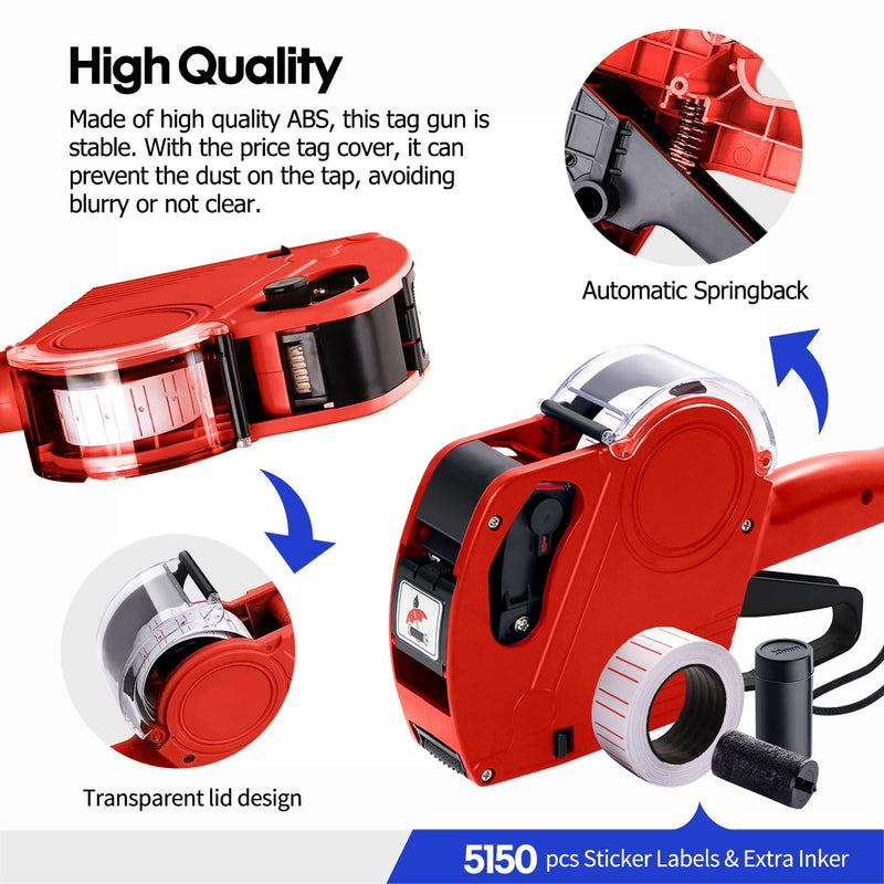 KPX MX5500 Pricing Tag Gun with 5150 pcs White Label Gun Stickers & 3 Extra Inker Rollers, Pricing Label Gun, 8 Digits Retail Pricing Gun and Labels for Grocery Store, Food (Red) Red
