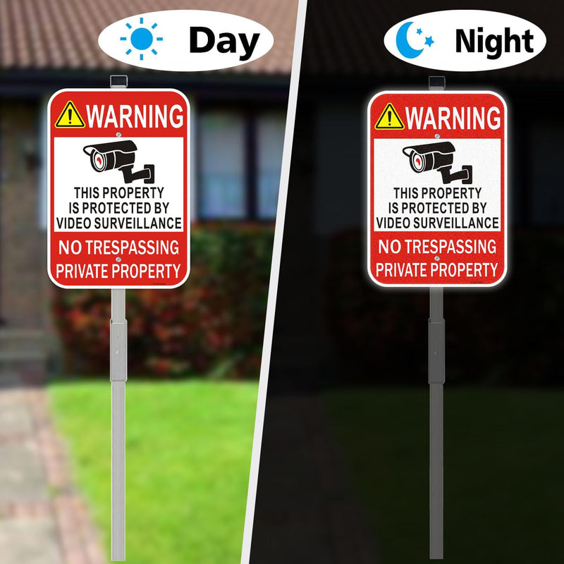 2 Pack Large No Trespassing Private Property Sign Video Surveillance Sign with 36" Stake for Outside, 14"x10" .040 Rust Free Heavy Aluminum, Reflective, Waterproof, Weatherproof and Fade Resistant 2 Pack-10"x14"-with Stake