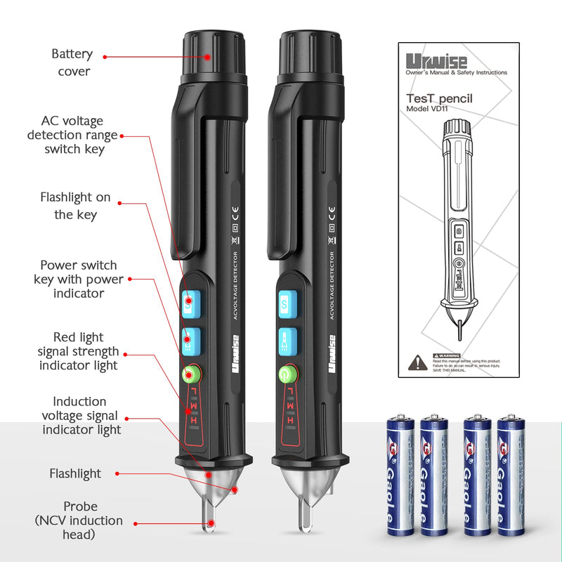 [Australia - AusPower] - 2 PCS AC Non-Contact Voltage Tester Pen, Christmas Light Bulb Tester Tool with Sound & Light Alarm, Electric Tester Pen with Flashligh, Live Wire Detector 12/48V~1000V, Urwise 2024-Upgrade 2 Pcs Black: 2024-Upgrade 