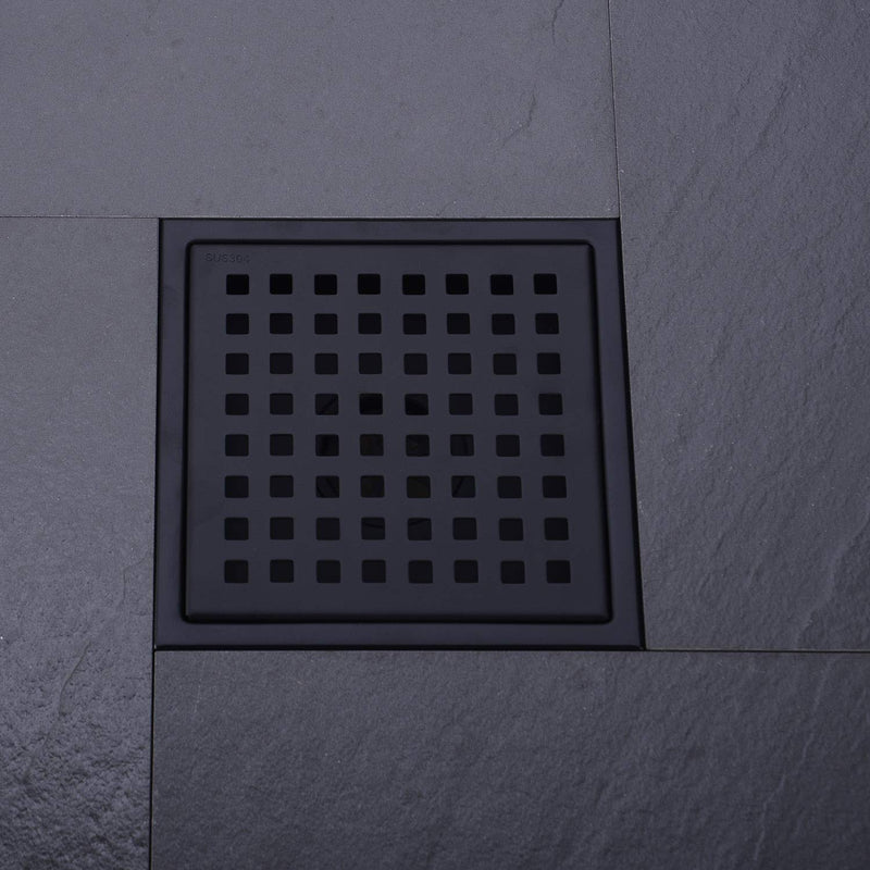6 inch Stainless Steel Shower Floor Drain with Threaded Adapter, Removable Grid Cover, Black Matte Black