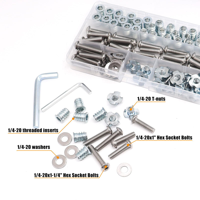 [Australia - AusPower] - weideer 140PCS 1/4"-20 T-Nuts,1/4"-20 Threaded Inserts for Wood,304 Stainless Steel Bolts,Button Head Hex Socket Bolts with Washers Hex Wrench 