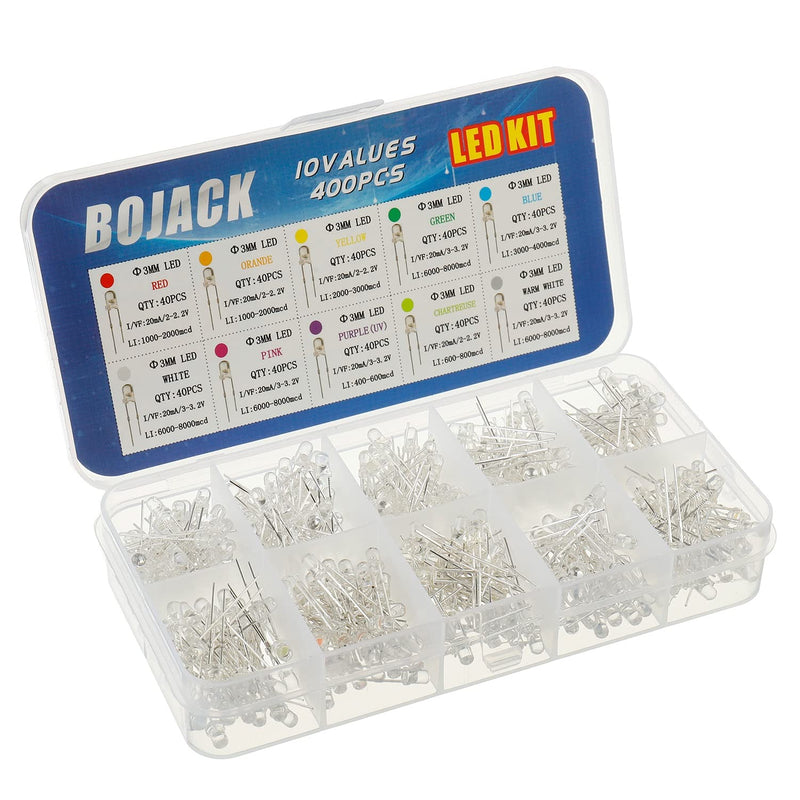 [Australia - AusPower] - BOJACK 10 Colors 400 pcs 3mm LED Diode Lights Assored Kit Pack (Red/Ora/YEL/Gre/Blu Transparent DC 2V - 3.2V 20mA) Bright Lighting Bulb Lamps Electronics Components 3 mm Light Emitting Diodes Parts 