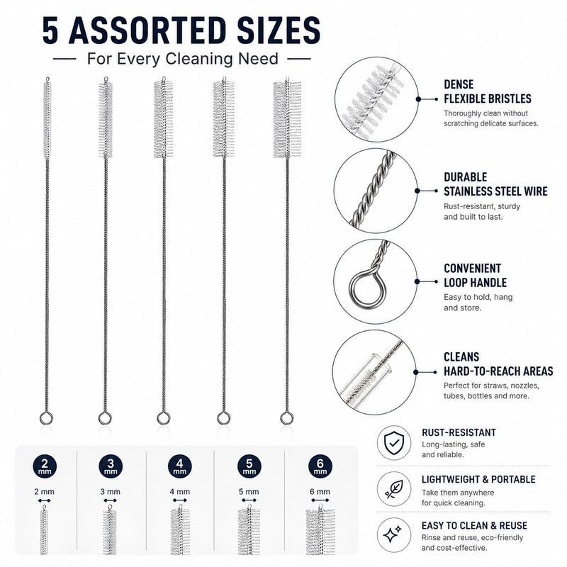 5-Piece Tube Brush Set with Wooden Handle - T-shaped Cleaning Brushes Diameter 8/12/15/20/25 mm - Stainless Steel Brushes for Drilling Holes, Pipes, Straws, Bottles, Kettles and Hard to Reach Place
