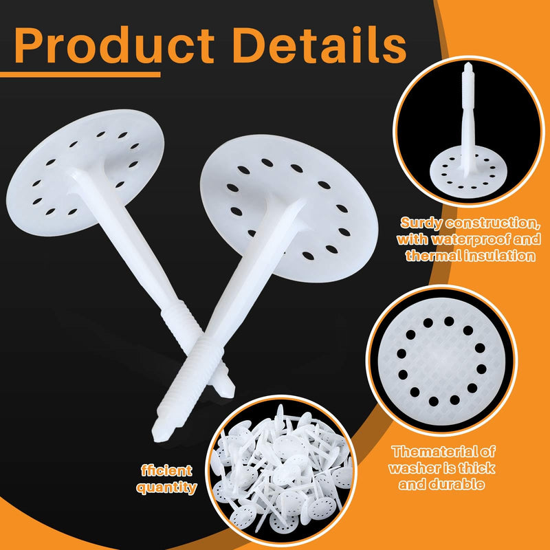 Wonderjune 100 Pcs 4" Heavy-Duty Plastic Masonry Insulation Fasteners, 12-Hole Washer Design for Rigid Foam Board, Thermal Bridging Free Anchors for Concrete, Brick & Stone Walls