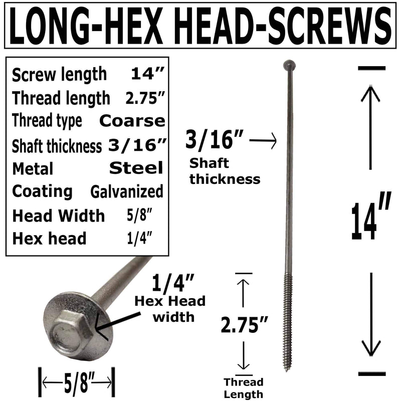 (10) 14" - Galvanized Timber Tie - Hex Head Structural Screw - Great for Outdoor Landscape use - Coarse Thread for Secure Hold - Rust Resistant Screw - Heavy Duty 3/16" for Extra Hold
