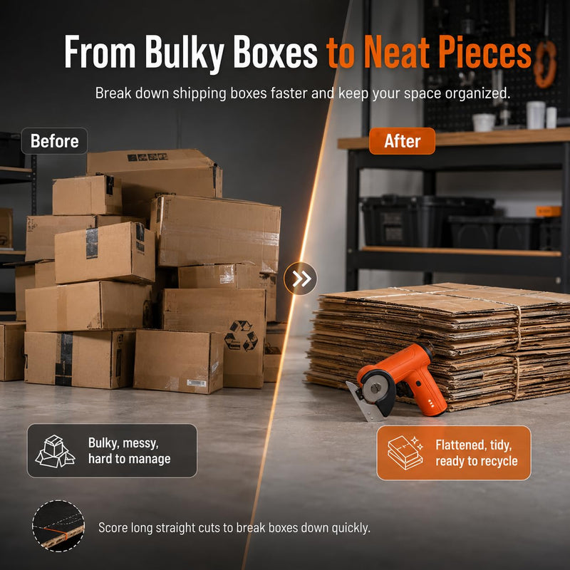 3/8" Heavy Duty Electric Cardboard Cutter for Thick Box Cutting, Unboxing & DIY, Safety Lock, Lightweight One-Handed Cordless Scissors for Weak Wrists, 2600mAh Battery, Replacement Blade, Orange