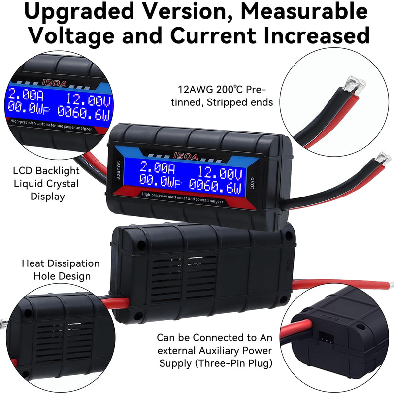 [Australia - AusPower] - 60V 150A Watt Meter Power - High Precision Power Monitor Power Consumption Meter Battery Analyzer Tester with Digital LCD Screen for RC Solar Wind Power Ebike(9000W) (60V150A) 60V150A 