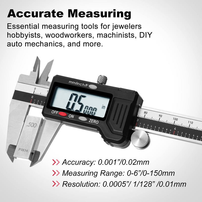 [Australia - AusPower] - Digital Caliper, 0-6 Calipers Measuring Tool, Micrometer Caliper with 0.001High-accuracy,Inch/Fraction/Millimeter Conversions Button,4 Measuring Ways, Stainless Steel Construction 6000150 