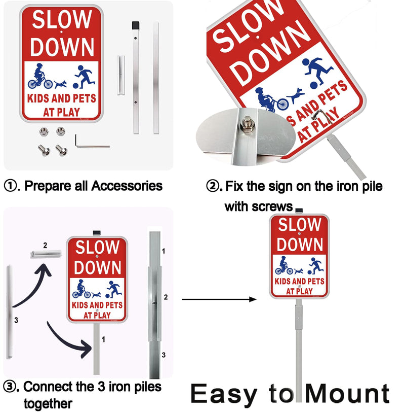 (2Pack) Slow Down Signs，Kids Playing Sign with Stake for Street - Children at Play Safety Signs with 36 Inches Metal Stakes & 14"×10" Reflective Aluminum Sign, Fade Resistant, water proof/weather proof, Easy to Install Style2-2pack with Stake