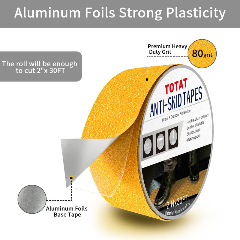 Aluminum Anti-Slip Tape 2" x30FT Yellow Ultimate Bathroom & Step Safety for Elderly/Pets - Waterproof Non-Slip Grip for Poolside, Indoor Stairs, Slippery Floors 2 IN