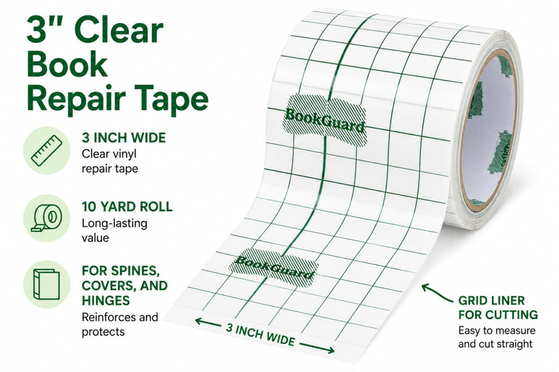 BookGuard 3" Clear Repair Tape, Acid-Free Archival-Safe Vinyl Mending Roll with Grid Liner for Spines, Covers, Hinges, Library Conservation & Restoration, 10 Yards 3" Wide 1