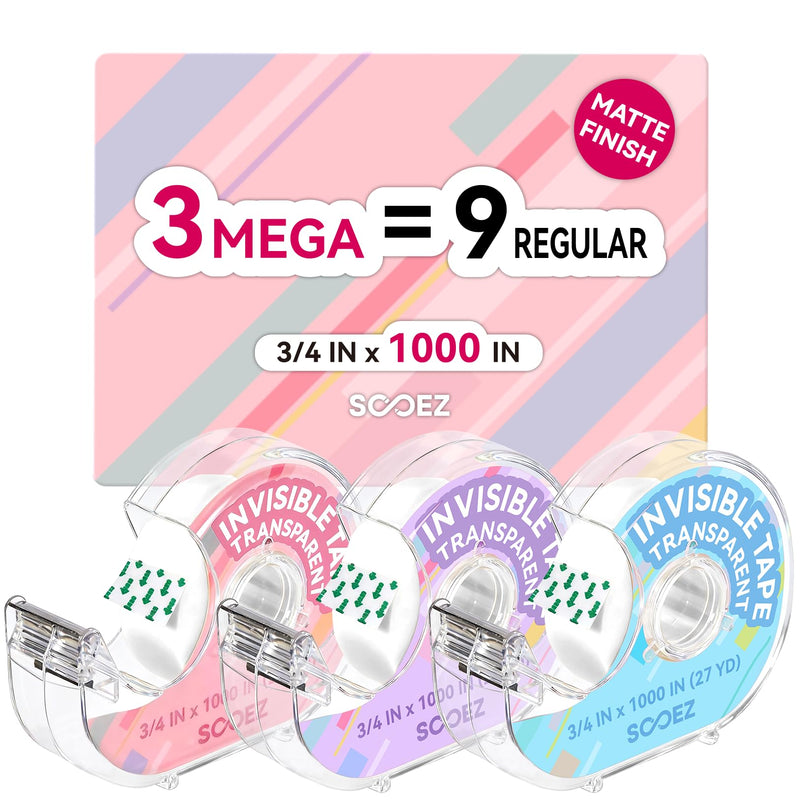 Sooez Invisible Tape for Gift Wrapping, 3 Mega Rolls = 9 Regular, 3/4″x 1000″, 3 Rolls with 3 Tape Dispenser Engineered for Repairing, Clear Tape for Christmas Wrapping, Paper, Office&School Supplies