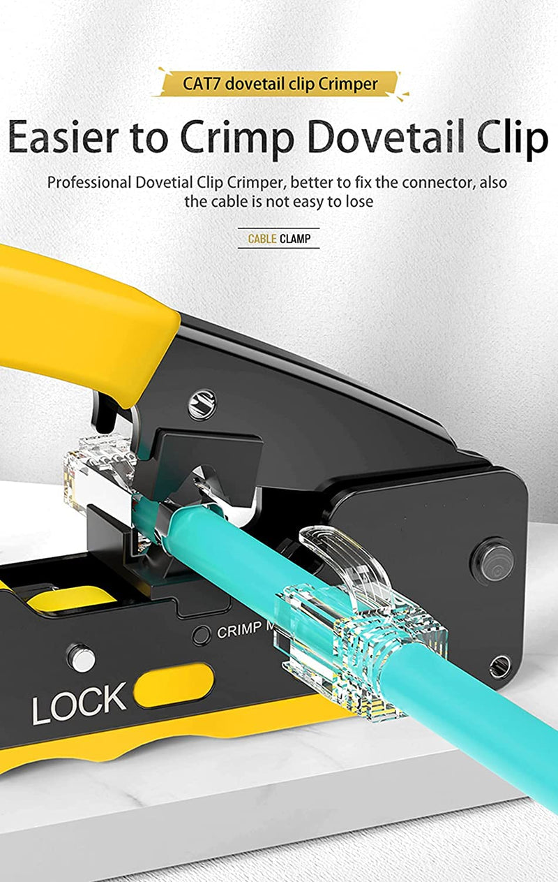 Gaobige rj45 Crimp Tool Kit, Pass Through Cat7 Cat6A Cat6 Cat5e Cat5 rj45 Crimping Tool with 10PCS Cat7 Shielded Connectors 10PCS Covers 20PCS Cat6 Pass Through Connectors 20PCS Covers Network Tester HT-7018