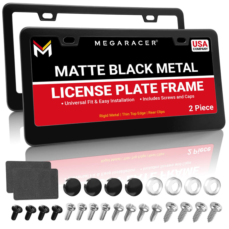 Premium Matte Black License Plate Frames – 2 Pack, Rust-Free Stainless Steel, Rattle-Free, Universal with Screw Caps, Slim-Top Design, Thin Rigid Metal Front & Rear Car Tag Holders - for Men & Women 2 Piece