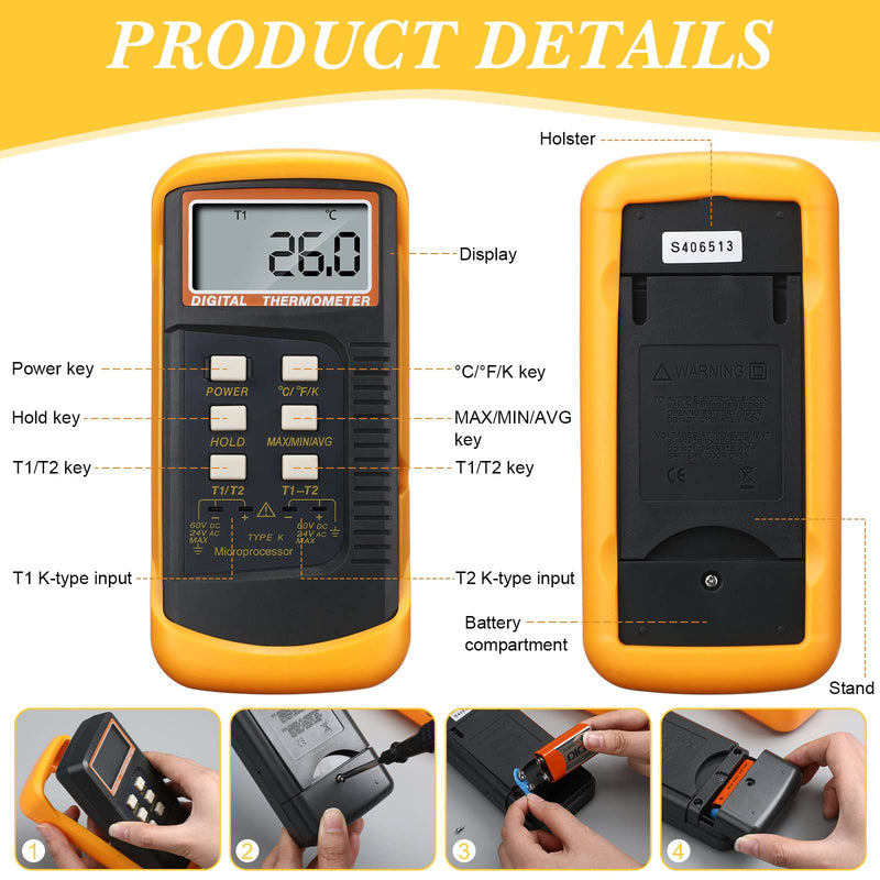 [Australia - AusPower] - 2 Pcs Digital 2 Channels K Type Thermometer with 8 Thermocouples (Wire and Stainless Steel) -50 to 1300°C (-58 to 2372°F) Dual Measurement Meter Sensor HVAC Thermometer High Temperature Pyrometer 