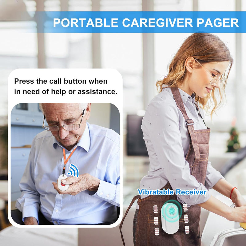 [Australia - AusPower] - Wireless Caregiver Pager Nurse Alert System Smart Call Button for Home/Elderly/Patient Vibration Pager (Include Belt Clip) with 52 Melodies (1 Receiver + 1 Call Button) 