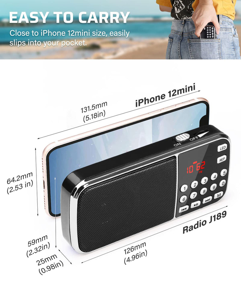[Australia - AusPower] - PRUNUS J-189 Bluetooth AM FM Radio, Small Portable Radio - Dual Speaker Heavy Bass, LED Flashlight, Pocket Size, TF Card USB AUX MP3 Player, Rechargeable Battery Operated Small Radio(Black) Black 