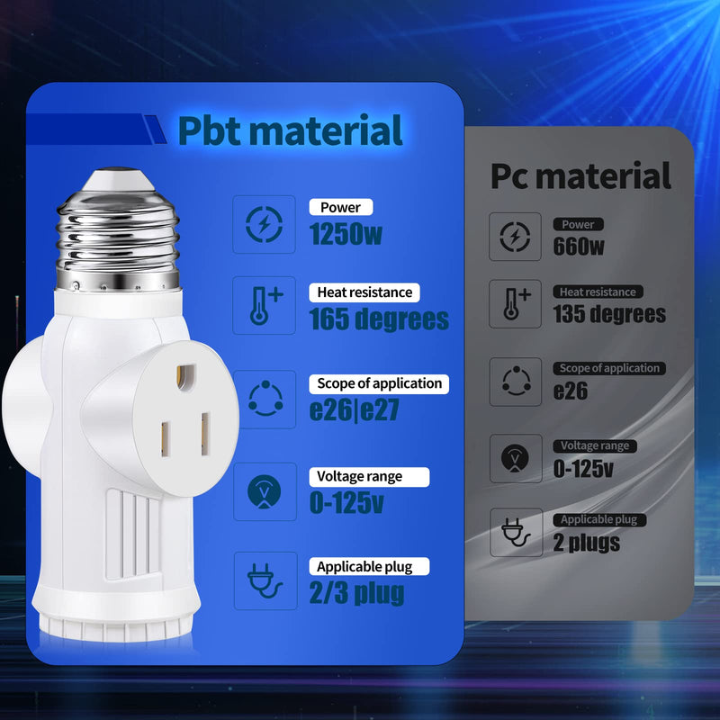 [Australia - AusPower] - E26 Light Socket to Plug Adapter - 2 Pack 2/3 Prong Light Socket Outlet - Light Bulb Plug Adapter, Polarized Light Socket Adapter Splitter Converter for Garage Porch (White) White 