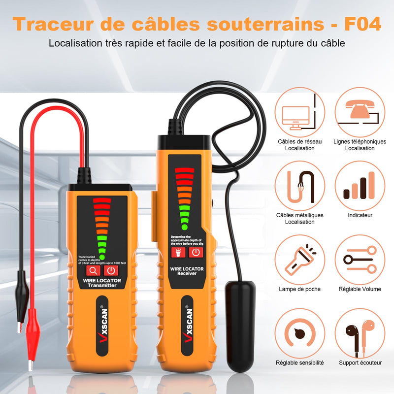 [Australia - AusPower] - VXSCAN F04 Underground Cable Locator, Cable Tester with Earphones, Non-Destructive Underground Wires for Finding Wires and Irrigation Wires of Animal Fences 
