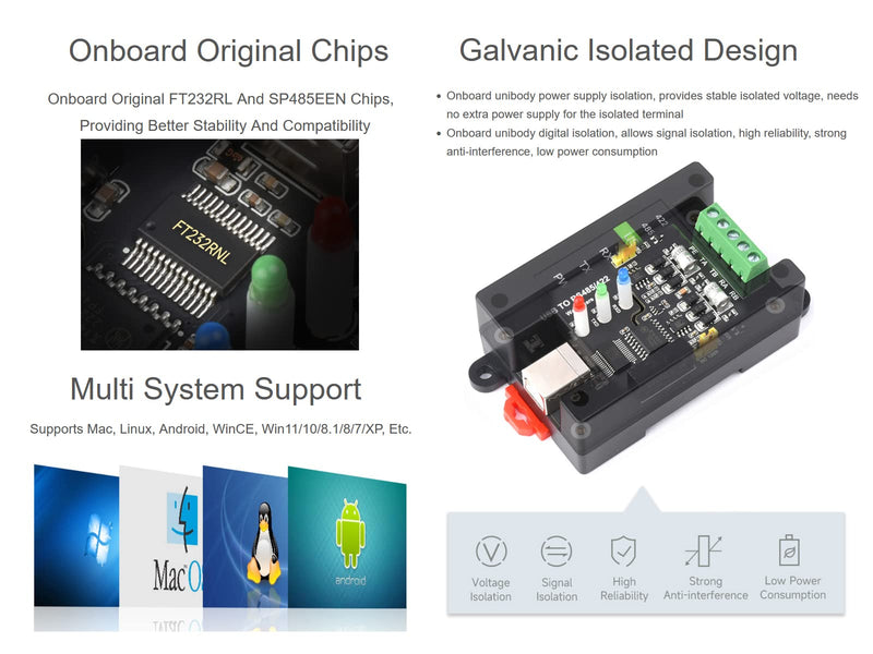 waveshare USB to RS485/422 Converter Onboard FT232RL and SP485EEN Chip, Galvanic Isolated Converter with Multiple Protection, Support Win11/10/8.1/8/7/XP, Mac, Linux, Android, Wince, etc