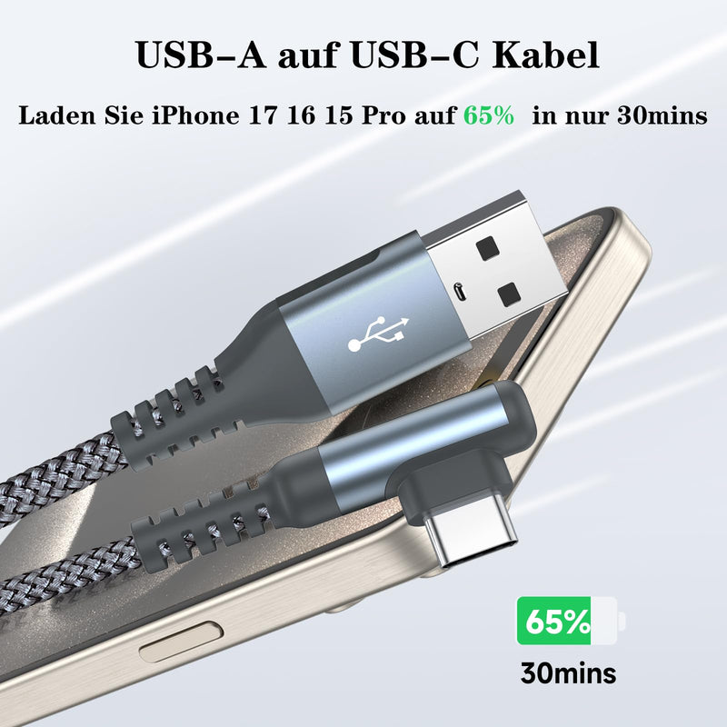USB-C Cable 3.1 A Fast Charge (2 Pack, 2 m), Charging Cable, USB-C Angle Type-C Cable, Nylon Braided, for Samsung Galaxy S22, S21, S20, S10, S9, S8 Plus, Note 20, 10, 9, 8, A72, A71, A52, A51, A50, M31, M30s, M20, V30 2 m + 2 m gray