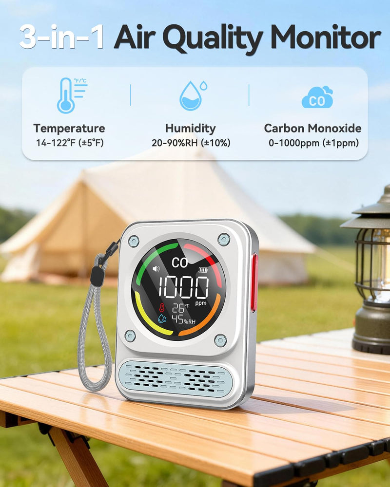 MOESAPU 3-In-1 Portable Carbon Monoxide Detector, 0-1000ppm CO Meter with Temperature Humidity, 260H Standby Rechargeable Battery, Magnetic Air Quality Monitor Alarm for Travel car Camping Home Safety White