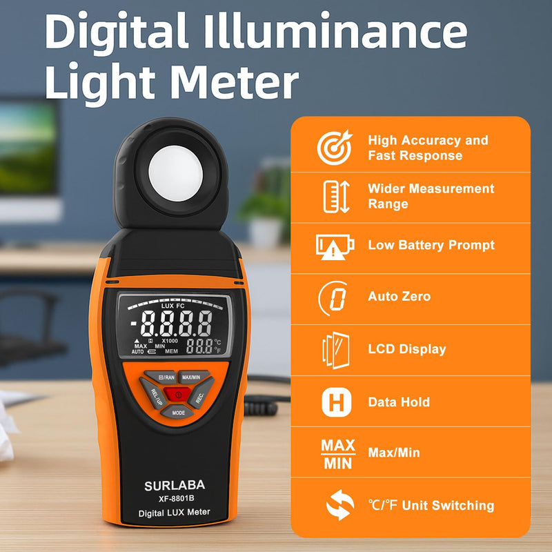 [Australia - AusPower] - Digital Light Meter 0.1-400,000 Lux - Professional Lux/FC Tester with Temperature Sensor, MAX/MIN Hold & 90° Rotatable Sensor for Photography, Plants, and Indoor Lighting (Orange) 