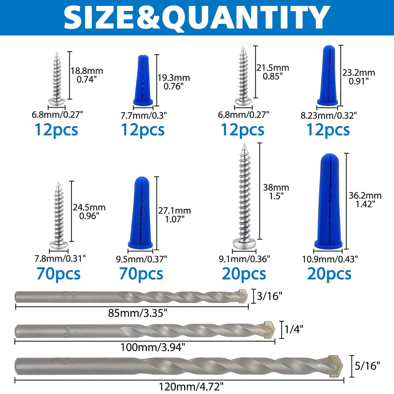 [Australia - AusPower] - Conical Concrete Wall Anchors and Screws Assortment Kit, 228 Pcs Masonry Anchors with 3PCs Drill Bit,114 Brick Wall Anchors and 114 Self Tapping Screws, Blue 