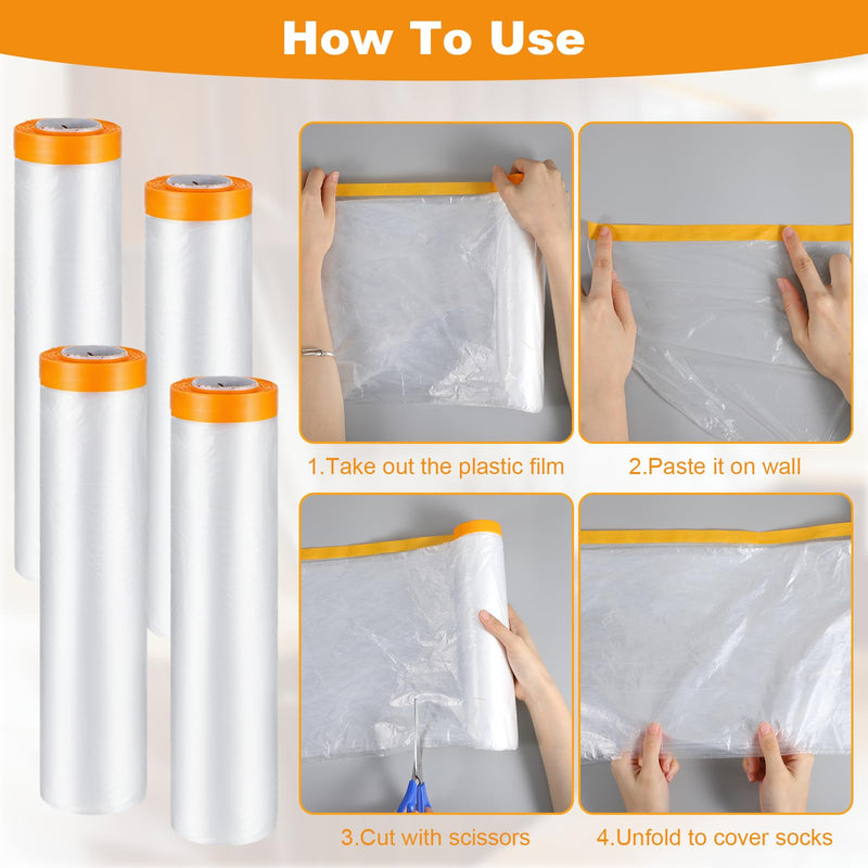 4 Rolls Painters Plastic With Tape, Pre-Taped Masking Film, Automotive Best Tape and Drape, Paint Adhesive Protective Film Roll for Covering Skirting, Frames, Cars and Auto Body (6.6 X 59-Feet)
