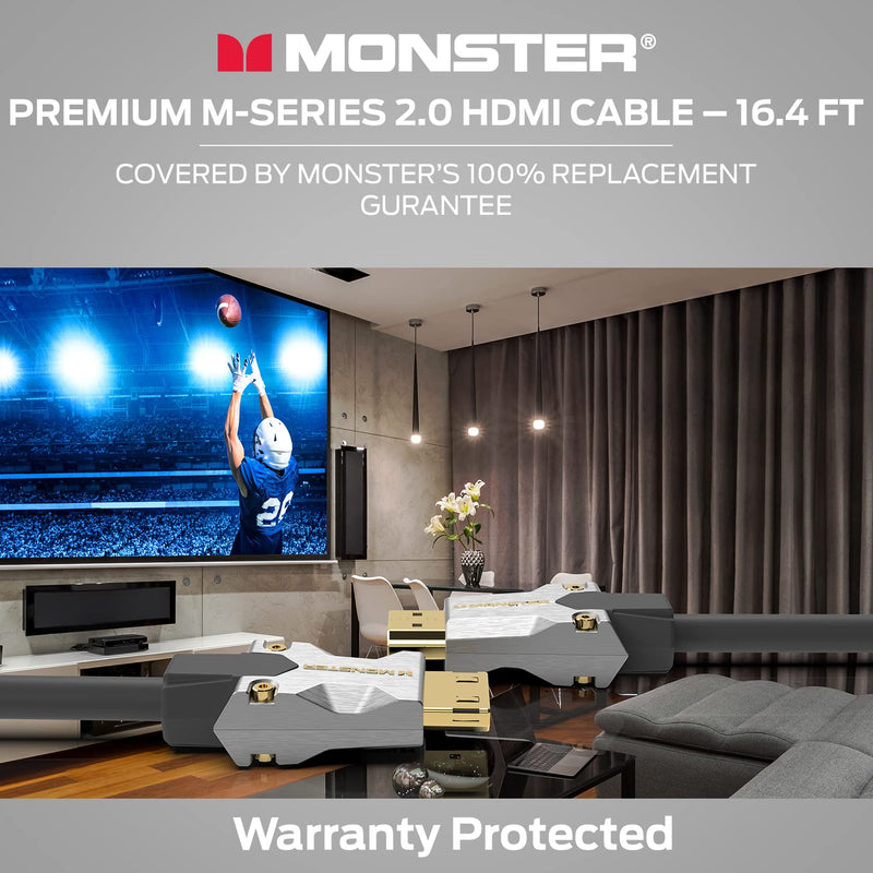Monster M-Series Certified Premium HDMI Cable 2.0, High-Speed 22.5 Gbps, 4K UHD 60Hz, Triple-Layer Shielding, Duraflex Jacket, HDMI Cable for TV, Monitor, Gaming, PC, 16.4 ft