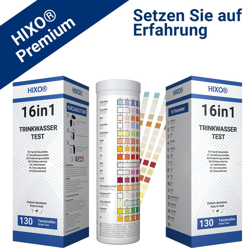 [Australia - AusPower] - 130 x 16-in-1 drinking water test strips in tube, water analysis for 16 parameters, ideal water test strips for drinking water, pool, spa and aquarium, tests water hardness, lead, copper, iron and 