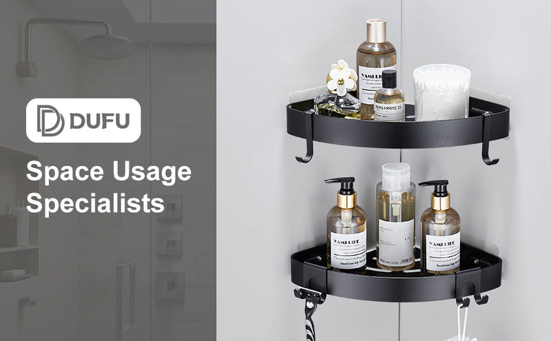 DUFU Adhesive Corner Shower Caddy with Hooks, Black, 2 Pack