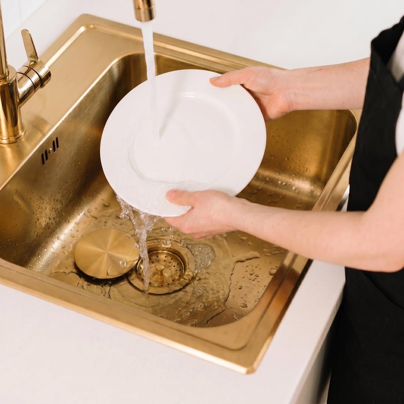 LQS Kitchen Sink Drain Assembly, Sink Drain Basket Strainer, Stainless Steel Removable Sink Strainer Basket and Stopper with Decor Flat Cover 3-1/2-inches (Brushed Gold with Cover) Brushed Gold With Cover
