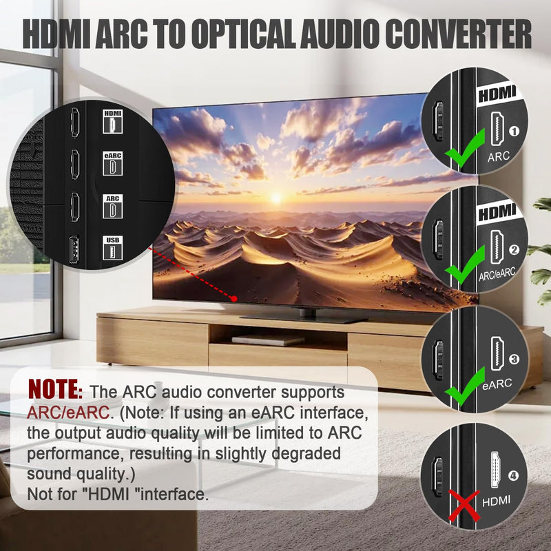192KHz HDMI ARC/eARC to Optical Audio Adapter, HDMI ARC Cable for Soundbar to TV, Plug & Play Optical Audio to ARC Converter, Optical Audio Splitter Extractor Support for PCM/Dolby 5.1/DTS 5.1[No CEC]