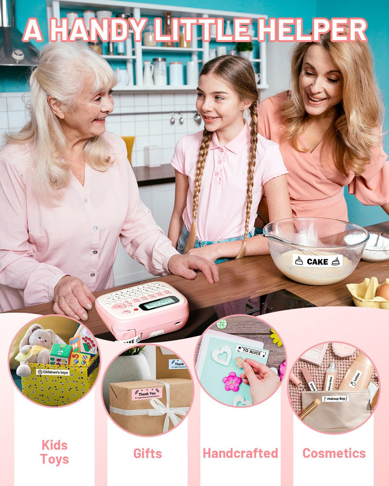 Pink Label Maker Machine with-Tape Waterproof, Portable Kids Label Maker, Keyboard Labeler Handheld, D210S Easy Labeler Machine with Multiple Fonts Frame Barcode for Home Office School Supplies Pink Label Maker label maker with 1 tape